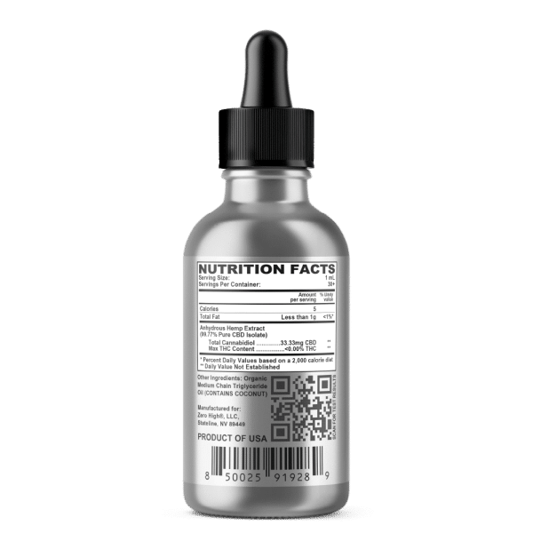 Zero High Pure Isolate CBD Oil With No THC - 1000 Milligrams Extra Strength Cannabidiol Formula - Nutrition Facts Information Label