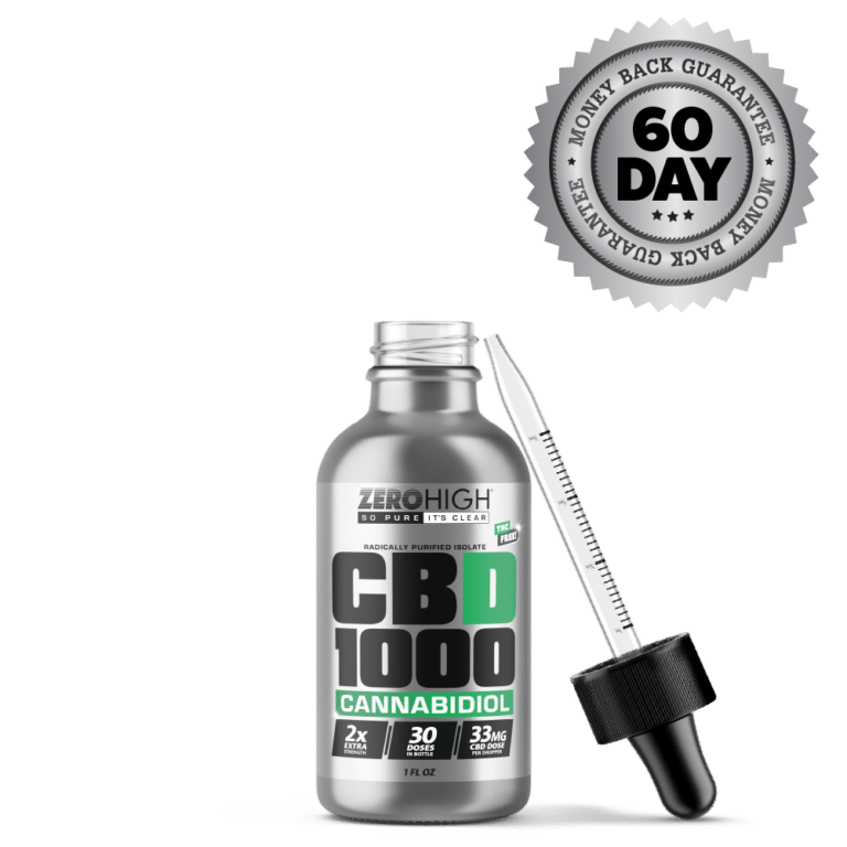 Zero High Pure Isolate CBD Oil With No THC - 1,000MG Extra Strength Cannabidiol Formula - Open Bottle With Dropper And Satisfaction Guarantee Seal