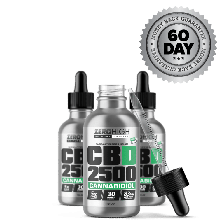 Zero High Pure Isolate CBD Oil With No THC - 2500MG Super Strength Cannabidiol Formula - Three Bottles One Open With Dropper And Satisfaction Guarantee Seal