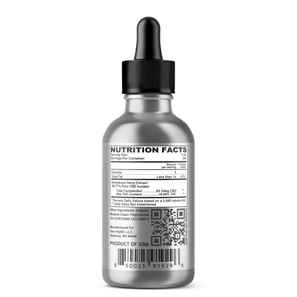 Zero High Pure Isolate CBD Oil With No THC - 2500 Milligrams Super Strength Cannabidiol Formula - Nutrition Facts Information Label