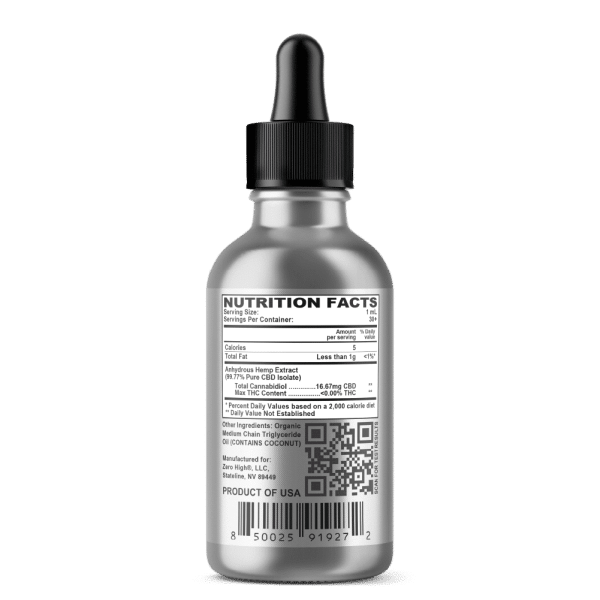 Zero High Pure Isolate CBD Oil With No THC - 500 Milligrams Original Strength Cannabidiol Formula - Nutrition Facts Information Label