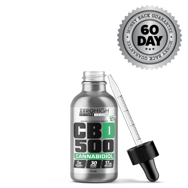 Zero High Pure Isolate CBD Oil With No THC - 500MG Original Strength Cannabidiol Formula - Open Bottle With Dropper And Satisfaction Guarantee Seal