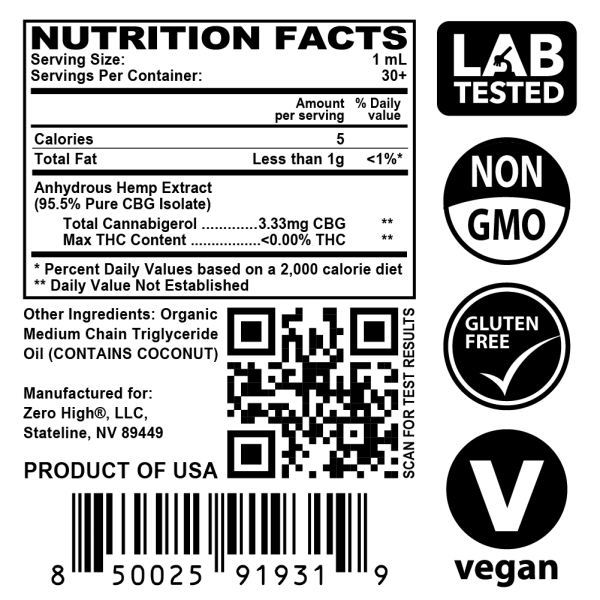Zero High Pure Isolate CBG Oil With No THC - 100 MG Original Strength Cannabigerol Formula - Nutrition Facts Label With Lab Test Result QR Code