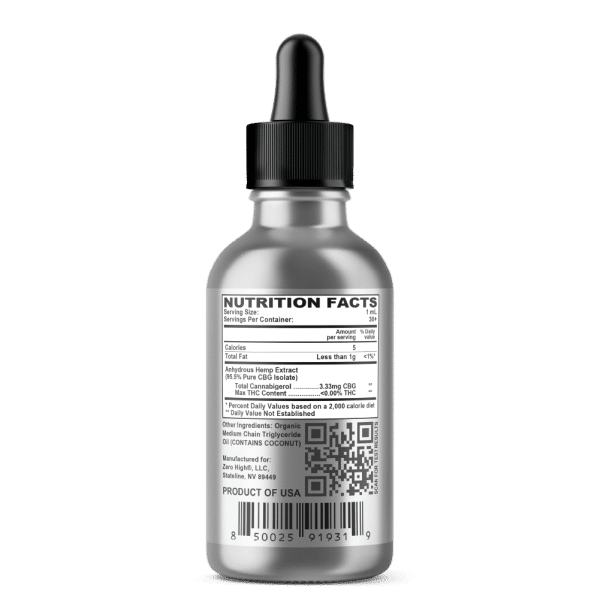 Zero High Pure Isolate CBG Oil With No THC - 100 Milligrams Original Strength Cannabigerol Formula - Nutrition Facts Information Label