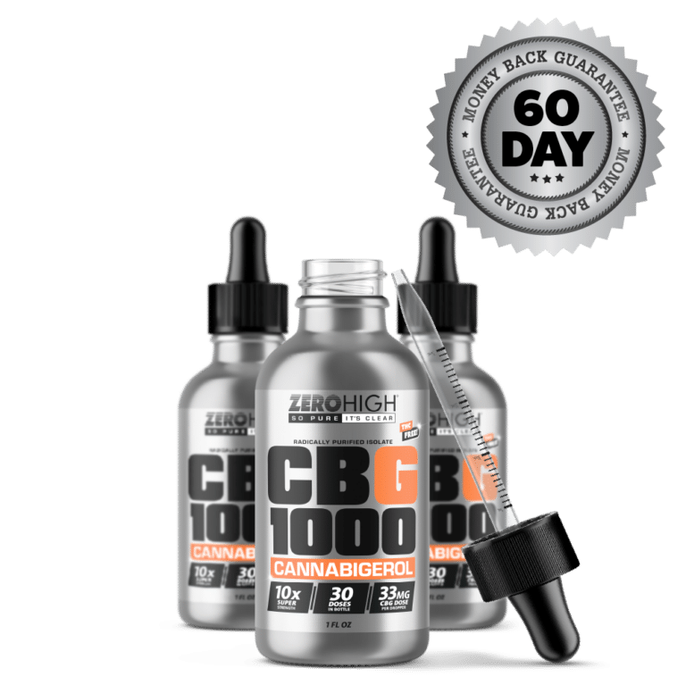 Zero High Pure Isolate CBG Oil With No THC - 1000MG Super Strength Cannabigerol Formula - Three Bottles One Open With Dropper And Satisfaction Guarantee Seal