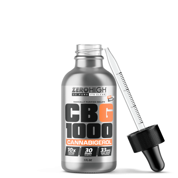 Zero High Pure Isolate CBG Oil With No THC - 1,000MG Super Strength Cannabigerol Formula - Open Bottle With Dropper