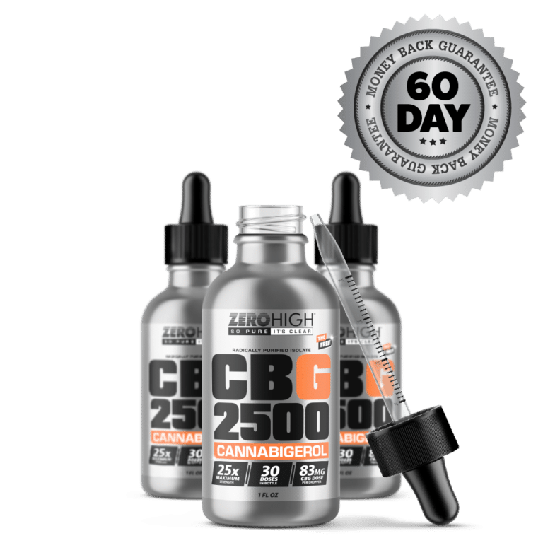 Zero High Pure Isolate CBG Oil With No THC - 2500MG Super Strength Cannabigerol Formula - Three Bottles One Open With Dropper And Satisfaction Guarantee Seal