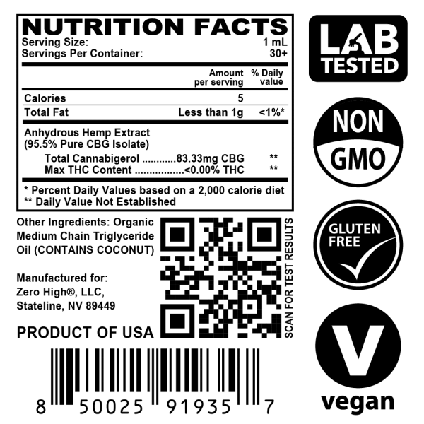 Zero High Pure Isolate CBG Oil With No THC - 2500 MG Super Strength Cannabigerol Formula - Nutrition Facts Label With Lab Test Result QR Code