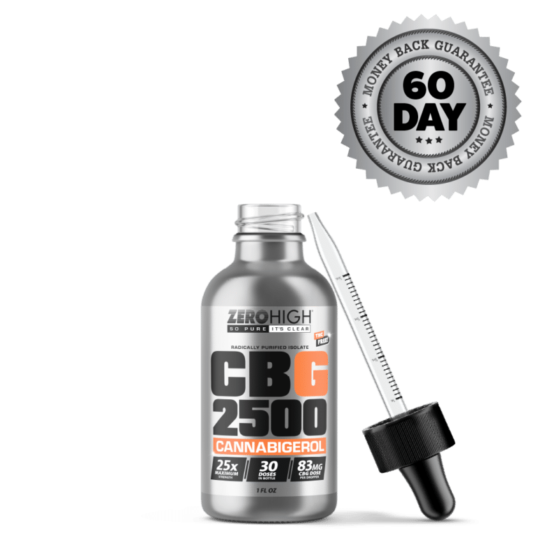 Zero High Pure Isolate CBG Oil With No THC - 2,500MG Super Strength Cannabigerol Formula - Open Bottle With Dropper And Satisfaction Guarantee Seal