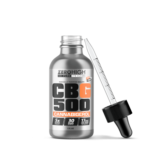Zero High Pure Isolate CBG Oil With No THC - 500MG Extra Strength Cannabigerol Formula - Open Bottle With Dropper