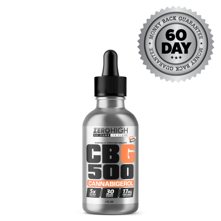 Zero High Pure Isolate CBG Oil With No THC - 500MG Milligrams Extra Strength Cannabigerol Formula - Bottle With Satisfaction Guarantee Seal