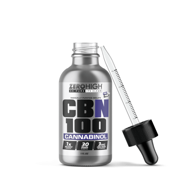 Zero High Pure Isolate CBN Oil With No THC - 100MG Original Strength Cannabinol Formula - Open Bottle With Dropper