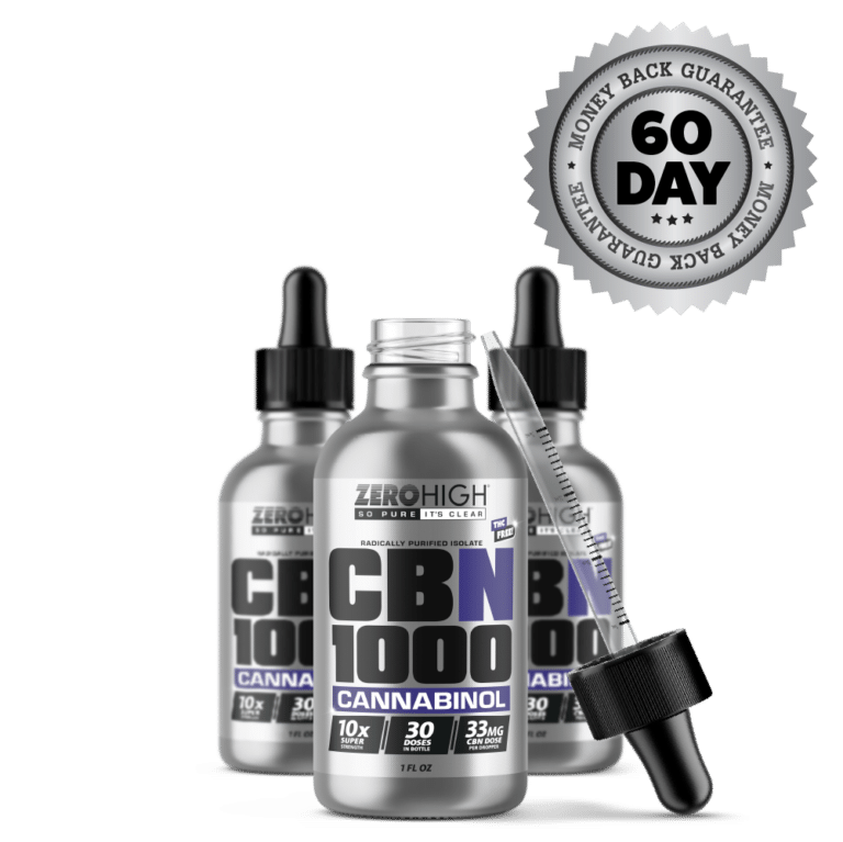 Zero High Pure Isolate CBN Oil With No THC - 1000MG Super Strength Cannabinol Formula - Three Bottles One Open With Dropper And Satisfaction Guarantee Seal