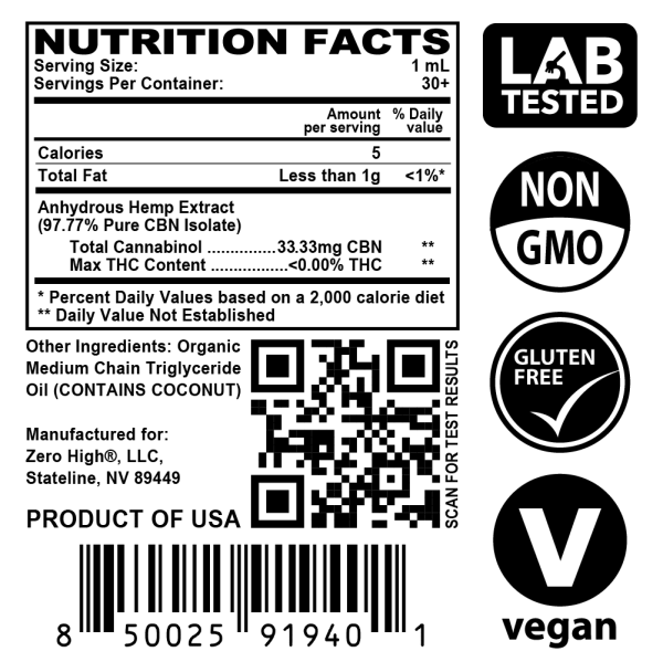 Zero High Pure Isolate CBN Oil With No THC - 1000 MG Super Strength Cannabinol Formula - Nutrition Facts Label With Lab Test Result QR Code