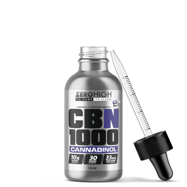Zero High Pure Isolate CBN Oil With No THC - 1,000MG Super Strength Cannabinol Formula - Open Bottle With Dropper