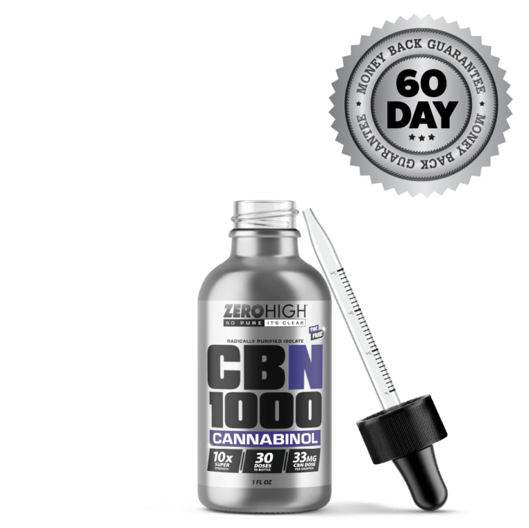 Zero High Pure Isolate CBN Oil With No THC - 1,000MG Super Strength Cannabinol Formula - Open Bottle With Dropper And Satisfaction Guarantee Seal