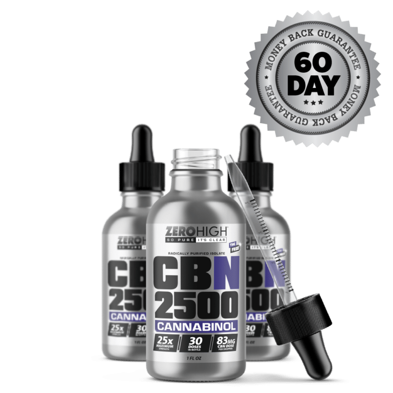 Zero High Pure Isolate CBN Oil With No THC - 2500MG Maximum Strength Cannabinol Formula - Three Bottles One Open With Dropper And Satisfaction Guarantee Seal