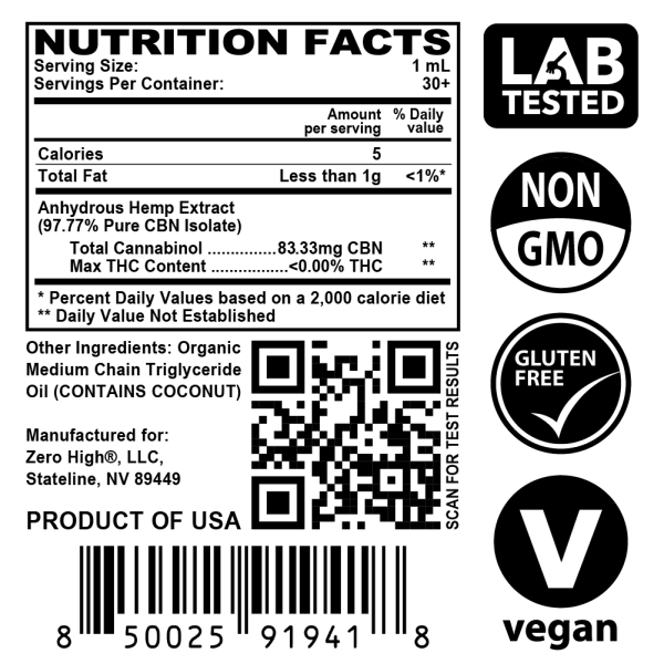 Zero High Pure Isolate CBN Oil With No THC - 2500 MG Maximum Strength Cannabinol Formula - Nutrition Facts Label With Lab Test Result QR Code