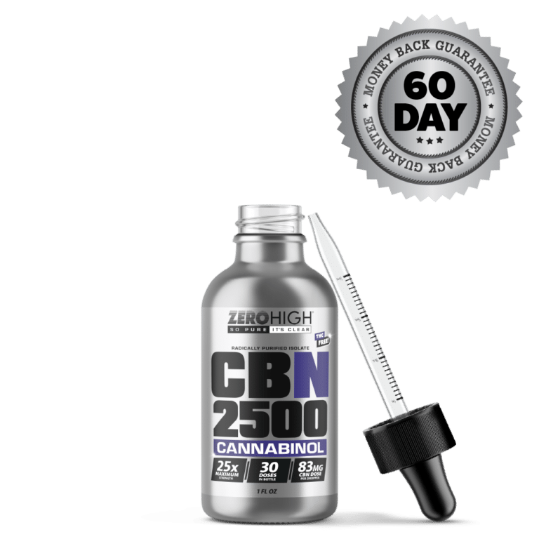 Zero High Pure Isolate CBN Oil With No THC - 2,500MG Maximum Strength Cannabinol Formula - Open Bottle With Dropper And Satisfaction Guarantee Seal