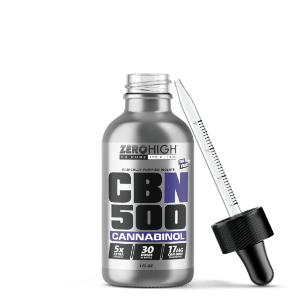 Zero High Pure Isolate CBN Oil With No THC - 500MG Extra Strength Cannabinol Formula - Open Bottle With Dropper