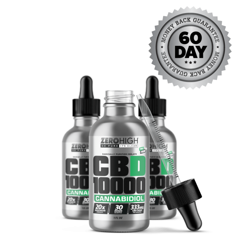 Zero High Pure Isolate CBD Oil With No THC - 10000MG Maximum Strength Cannabidiol Formula - Three Bottles One Open With Dropper And Satisfaction Guarantee Seal