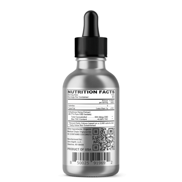 Zero High Pure Isolate CBD Oil With No THC - 10000 Milligrams Maximum Strength Cannabidiol Formula - Nutrition Facts Information Label