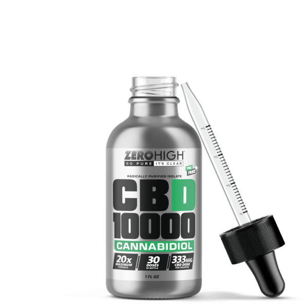 Zero High Pure Isolate CBD Oil With No THC - 10,000 MG Maximum Strength Cannabidiol Formula - Open Bottle With Dropper