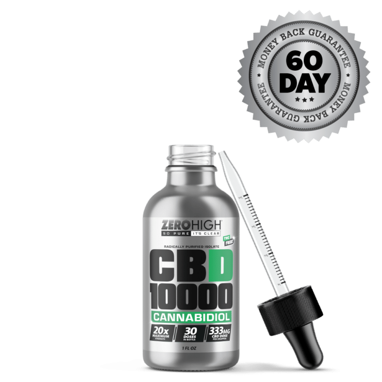 Zero High Pure Isolate CBD Oil With No THC - 10,000MG Maximum Strength Cannabidiol Formula - Open Bottle With Dropper And Satisfaction Guarantee Seal