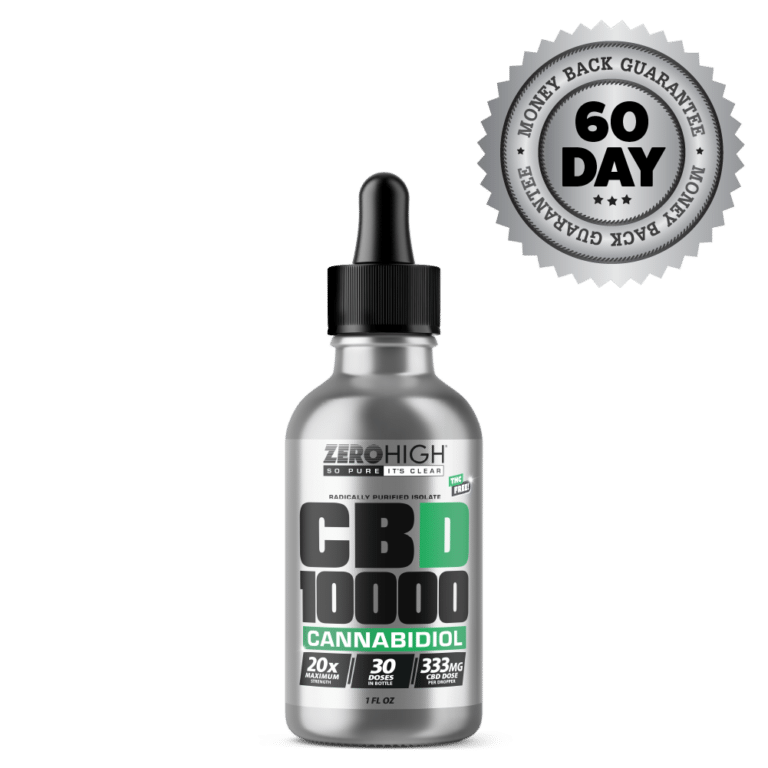 Zero High Pure Isolate CBD Oil With No THC - 10,000 Milligrams Maximum Strength Cannabidiol Formula - Bottle With Satisfaction Guarantee Seal