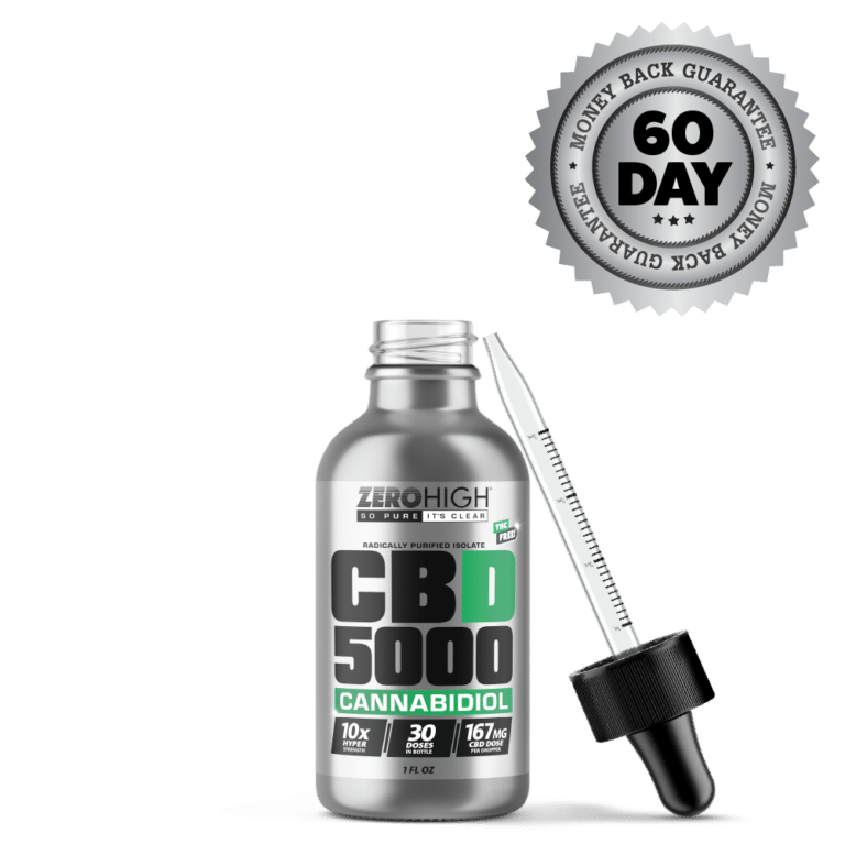 Zero High Pure Isolate CBD Oil With No THC - 5,000MG Hyper Strength Cannabidiol Formula - Open Bottle With Dropper And Satisfaction Guarantee Seal