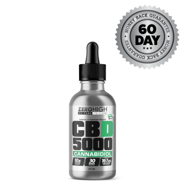 Zero High Pure Isolate CBD Oil With No THC - 5,000 Milligrams Hyper Strength Cannabidiol Formula - Bottle With Satisfaction Guarantee Seal