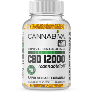 Cannabiva Broad Spectrum CBD Softgel Capsules With No THC - 12,000 Milligrams Cannabidiol - 480 Count x 25mg
