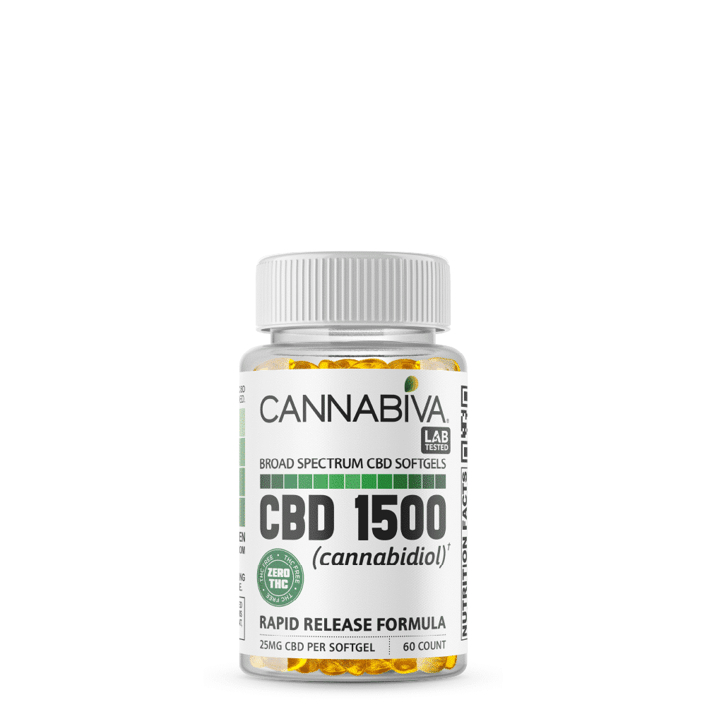 Cannabiva Broad Spectrum CBD Softgel Capsules With No THC - 1500 Milligrams Cannabidiol - 60 Count x 25mg