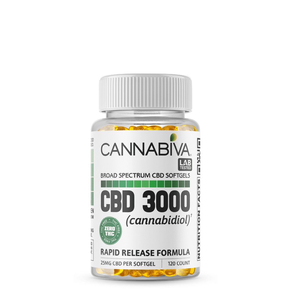 Cannabiva Broad Spectrum CBD Softgel Capsules With No THC - 3000 Milligrams Cannabidiol - 120 Count x 25mg