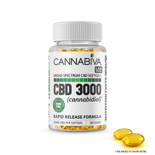 Cannabiva Broad Spectrum CBD Softgel Capsules With No THC - 3000 Milligrams Cannabidiol - 120 Count x 25mg With Sample