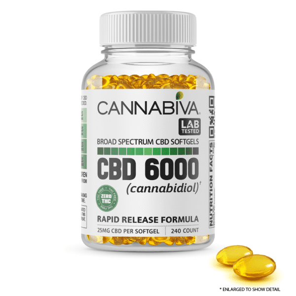 Cannabiva Broad Spectrum CBD Softgel Capsules With No THC - 6000 Milligrams Cannabidiol - 240 Count x 25mg With Sample