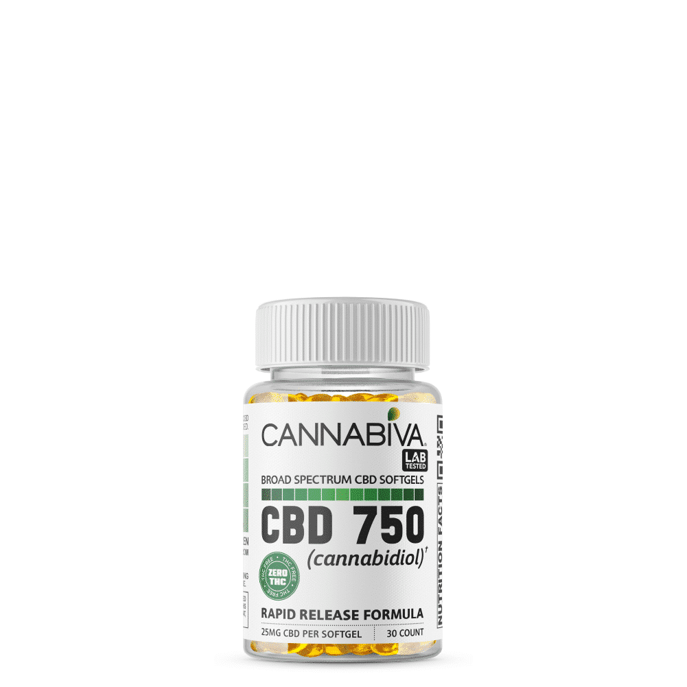 Cannabiva Broad Spectrum CBD Softgel Capsules With No THC - 750 Milligrams Cannabidiol - 30 Count x 25mg