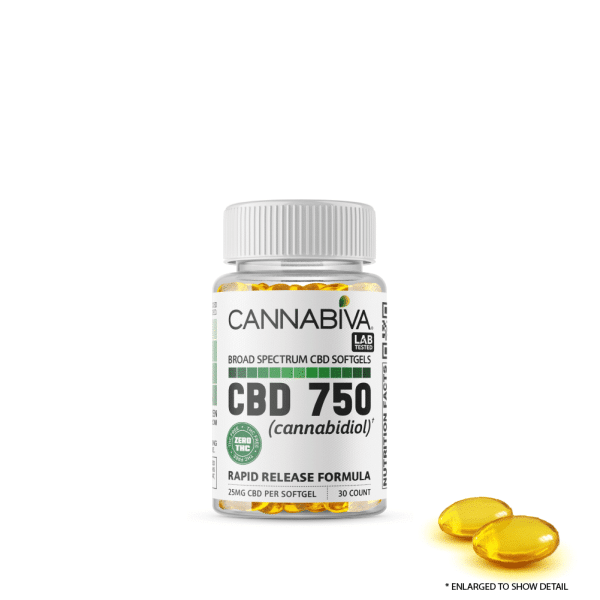 Cannabiva Broad Spectrum CBD Softgel Capsules With No THC - 750 Milligrams Cannabidiol - 30 Count x 25mg With Sample