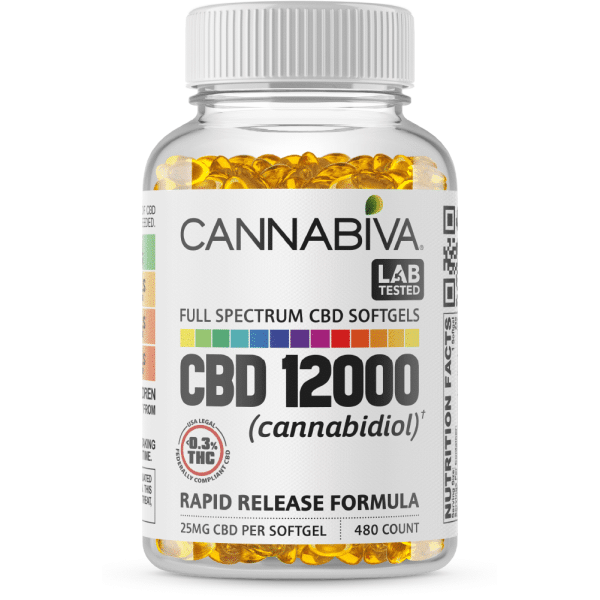Cannabiva Full Spectrum CBD Softgel Capsules - 12,000 Milligrams Cannabidiol - 480 Count x 25mg