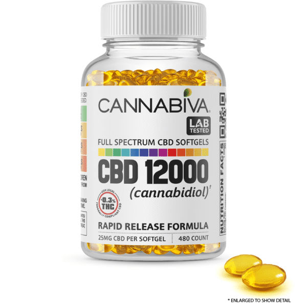 Cannabiva Full Spectrum CBD Softgel Capsules - 12,000 Milligrams Cannabidiol - 480 Count x 25mg With Sample