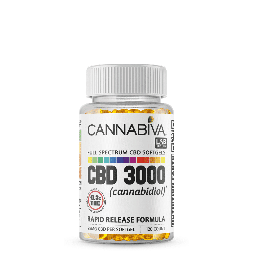 Cannabiva Full Spectrum CBD Softgel Capsules - 3,000 Milligrams Cannabidiol - 120 Count x 25mg