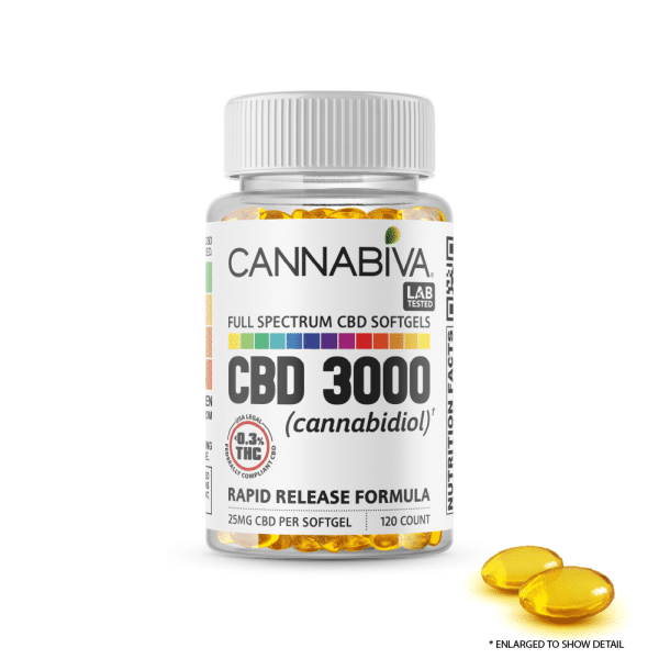 Cannabiva Full Spectrum CBD Softgel Capsules - 3,000 Milligrams Cannabidiol - 120 Count x 25mg With Sample
