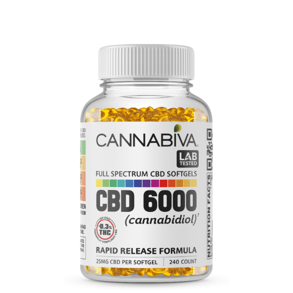 Cannabiva Full Spectrum CBD Softgel Capsules - 6,000 Milligrams Cannabidiol - 240 Count x 25mg