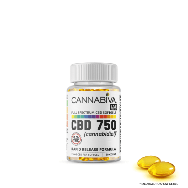 Cannabiva Full Spectrum CBD Softgel Capsules - 750 Milligrams Cannabidiol - 30 Count x 25mg With Sample