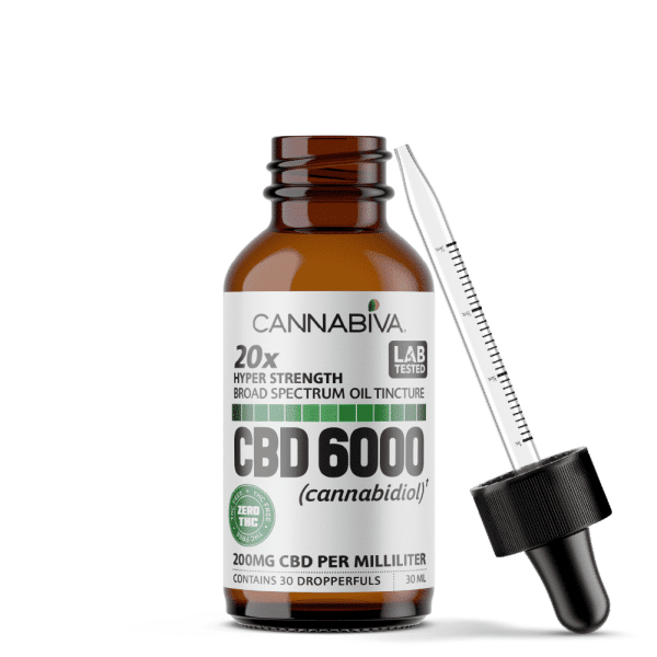 Cannabiva Broad Spectrum CBD Oil - 6000 Milligrams Cannabidiol - 200mg Per Dose - Bottle With Dropper