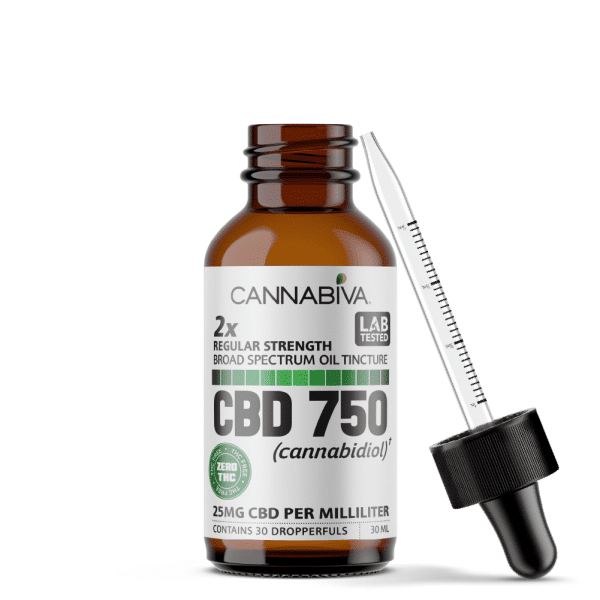 Cannabiva Broad Spectrum CBD Oil - 750 Milligrams Cannabidiol - 25mg Per Dose - Bottle With Dropper
