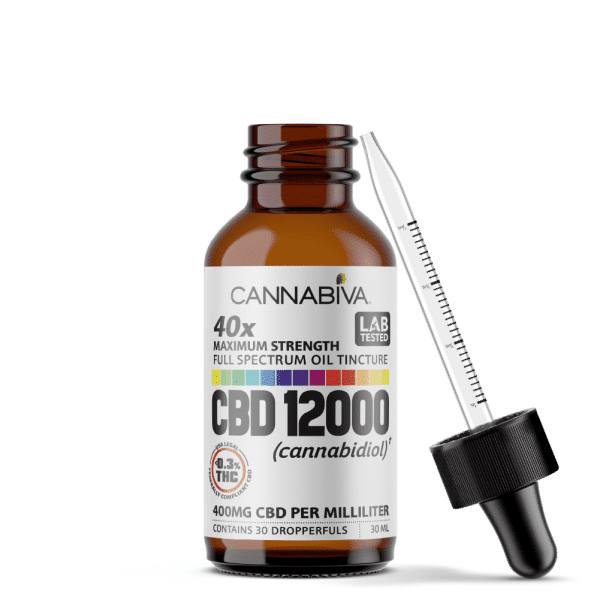 Cannabiva Full Spectrum CBD Oil - 12,000 Milligrams Cannabidiol - 400mg Per Dose - Bottle With Dropper