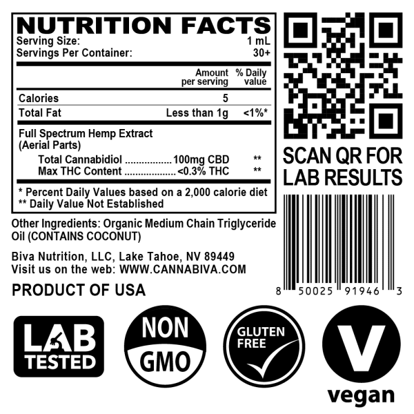 Cannabiva Full Spectrum CBD Oil - 3,000 Milligrams Cannabidiol - 100mg Per Dose - Nutrition Facts Label