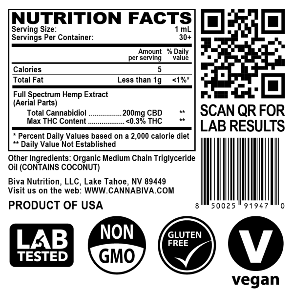 Cannabiva Full Spectrum CBD Oil - 6,000 Milligrams Cannabidiol - 200mg Per Dose - Nutrition Facts Label
