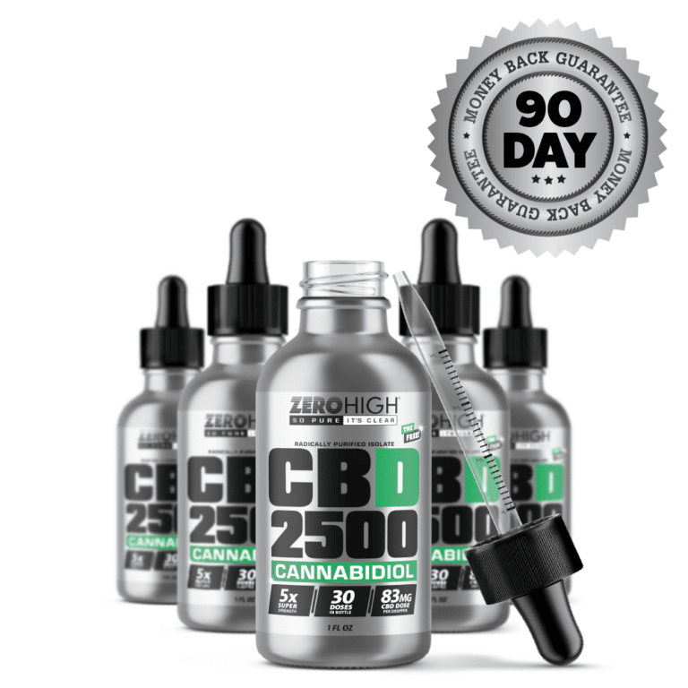 Zero High Pure Isolate CBD Oil With No THC - 2500MG Super Strength Cannabidiol Formula - Six Bottles With Dropper And Satisfaction Guarantee Seal